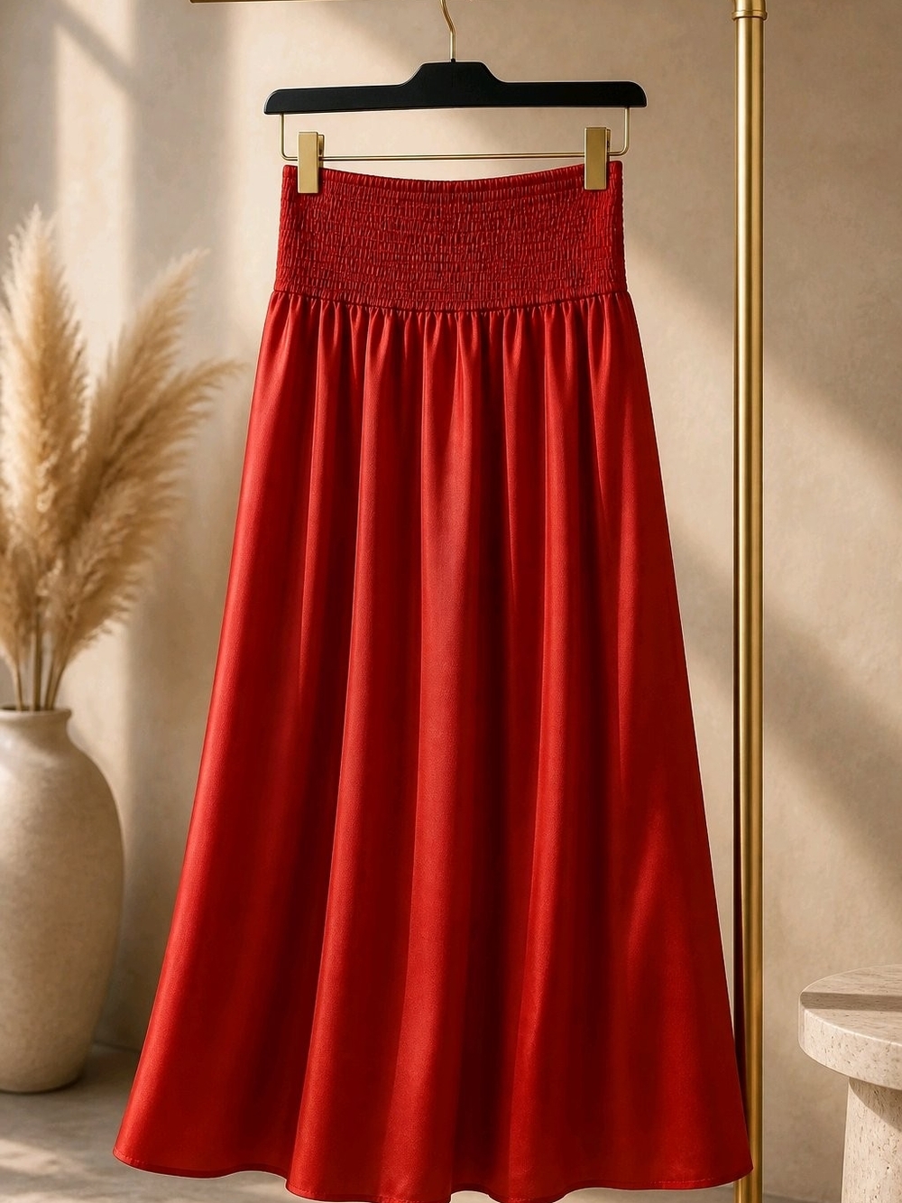 Smocked Waist Red Mid Length Dress